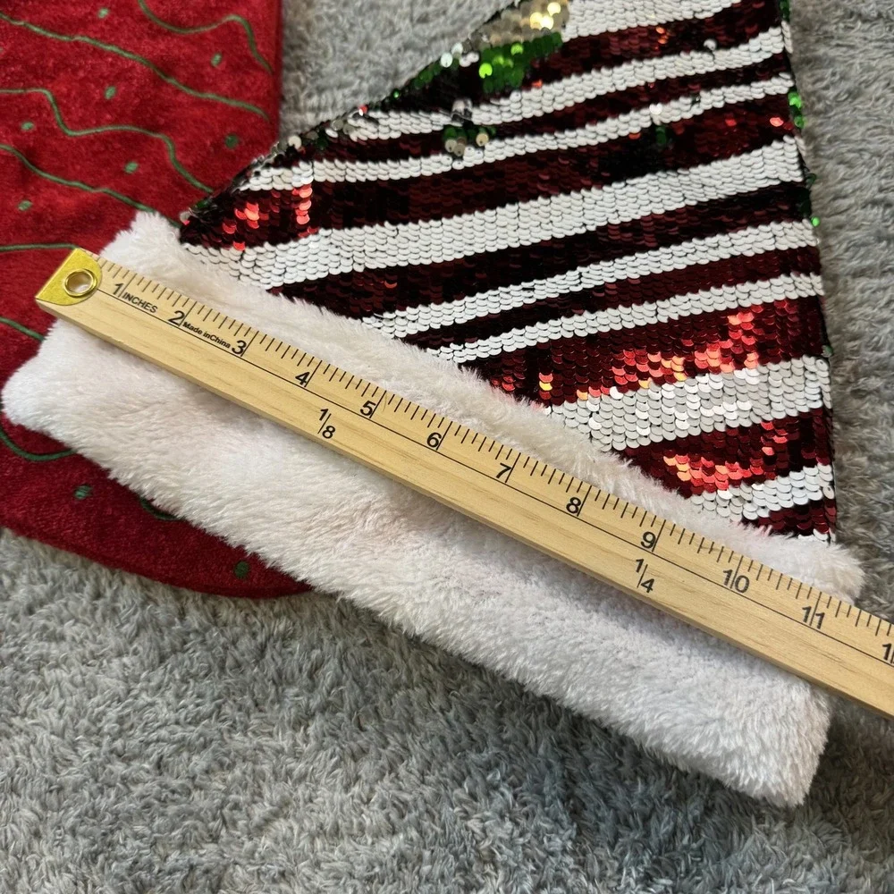 Unbranded Holiday Stocking and Santa Hat Set OS Red Green Sequin Velvet